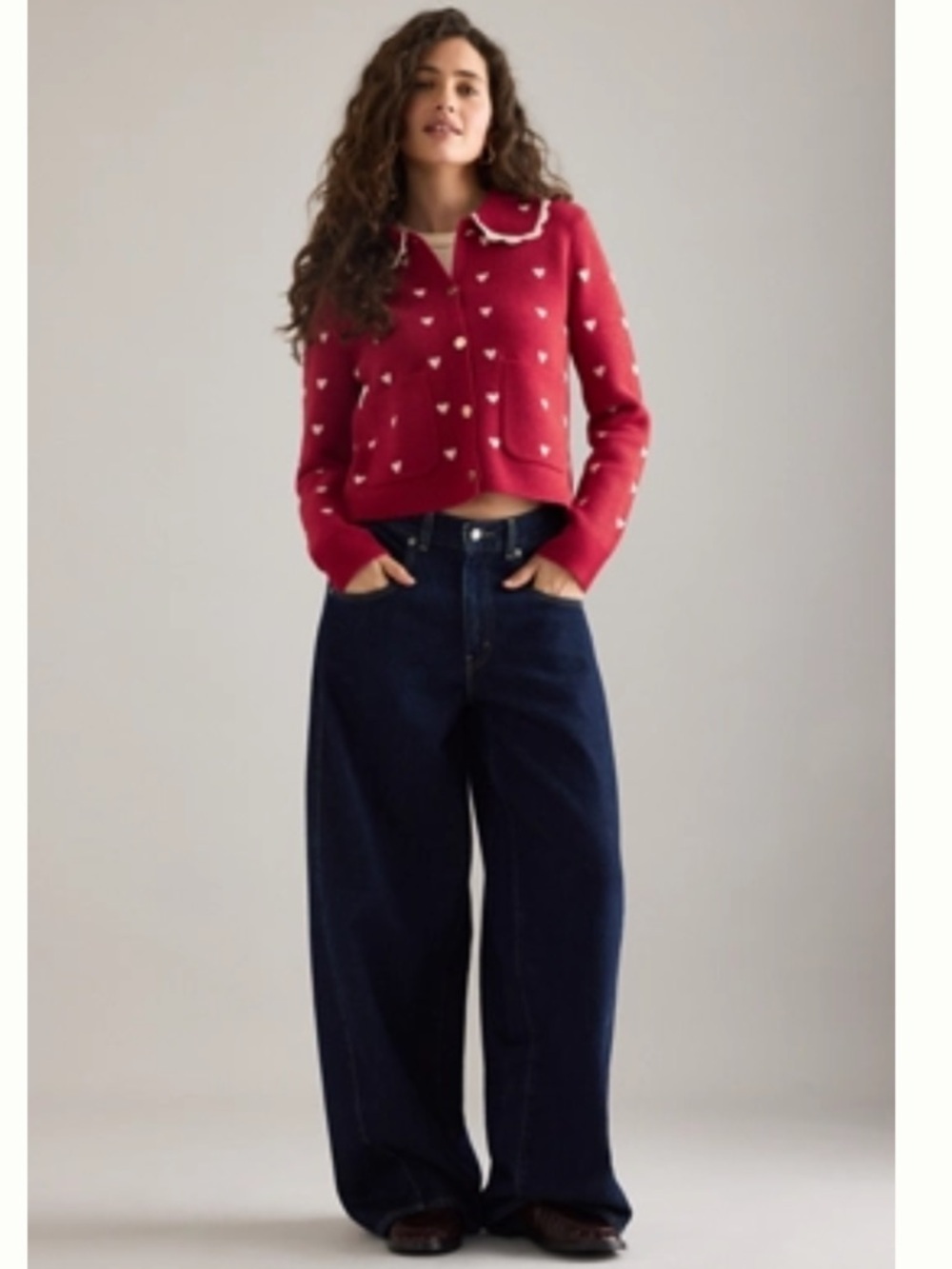 Anthropologie NVLT Red Cardigan With White Hearts and Scalloped Collar